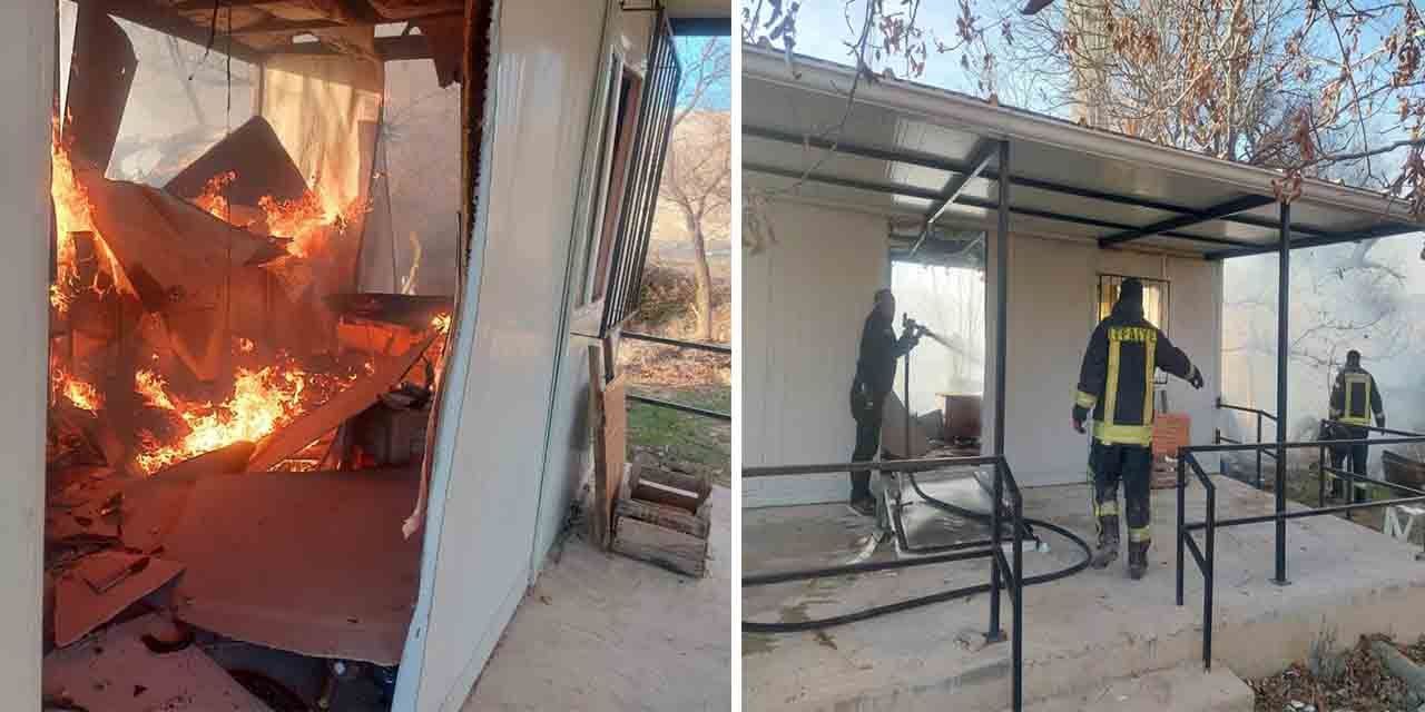 Bahçe içindeki konteyner ev alev alev yandı