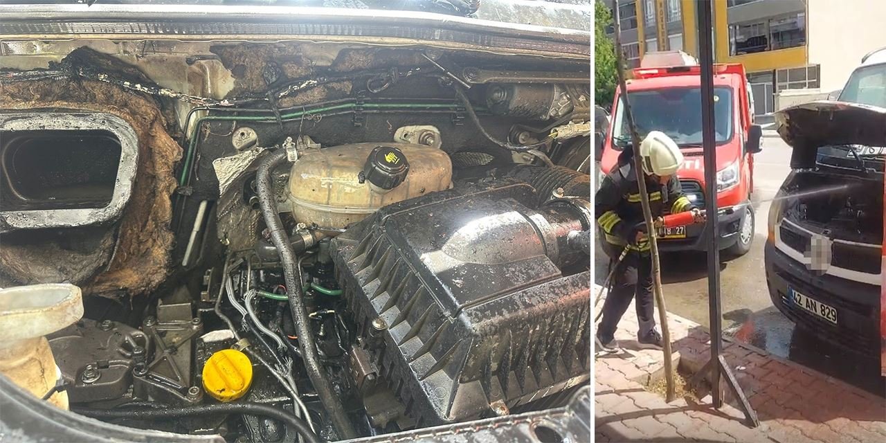 Kulu’da park halindeki minibüs yandı