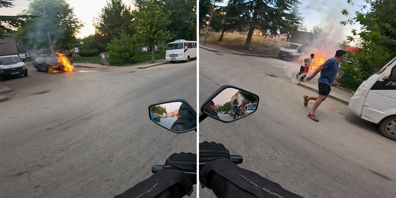 Araç alev alev yandı, o anları kask kamerası kaydetti