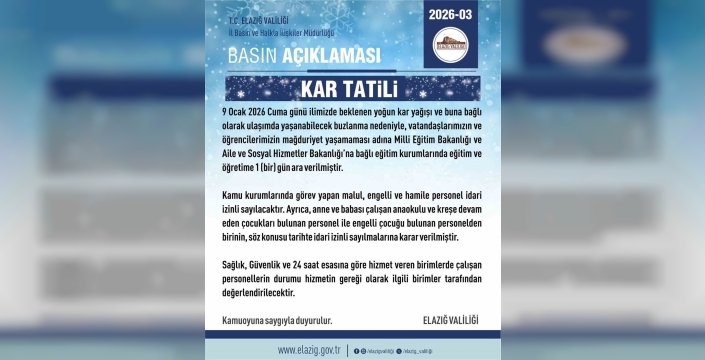 Elazığ'da yoğun kar yağışı nedeniyle eğitime bir gün ara verildi