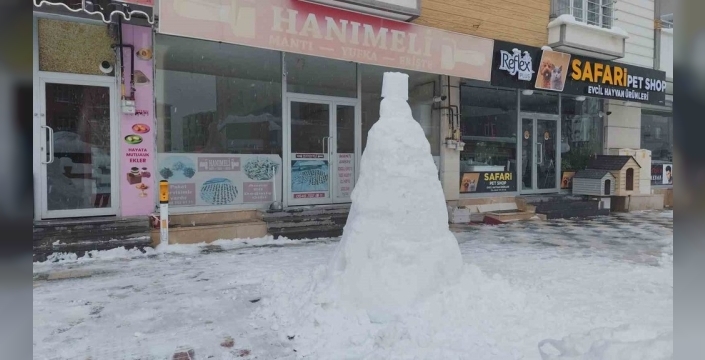 Erciş'te esnaf, yoğun kar yağışını fırsata çevirip dev kardan adam yaptı