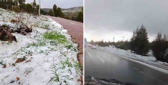 Konya’da bahar ortasında kış: Dolu her yeri beyaza bürüdü