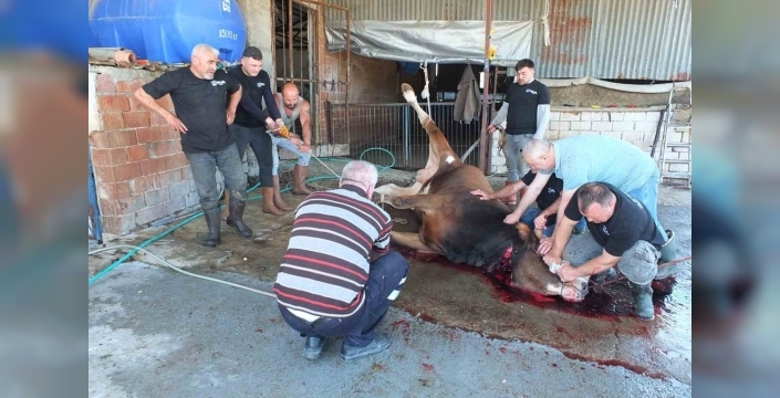 Kurban Bayramı'nda Burhaniye'de kadınlar et doğrama işinde ustalığını gösterdi