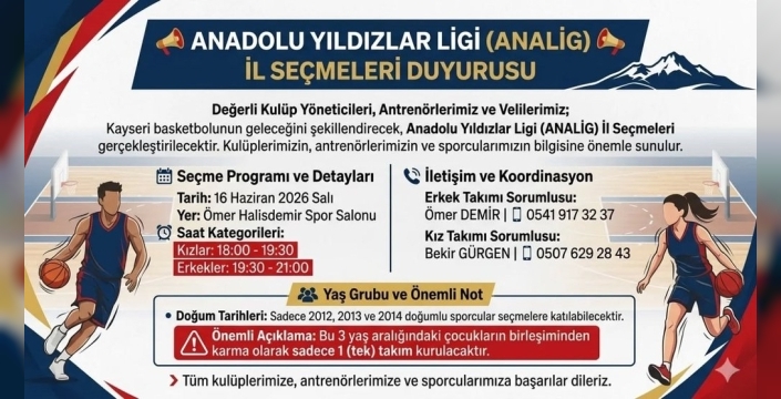 Anadolu yıldızlar ligi basketbol il seçmeleri 16 Haziran'da başlıyor