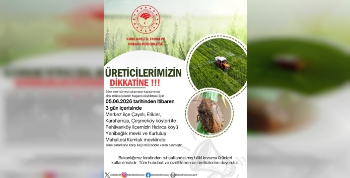 Kırklareli'nde süne zararlısına karşı ilaçlı mücadele başlıyor